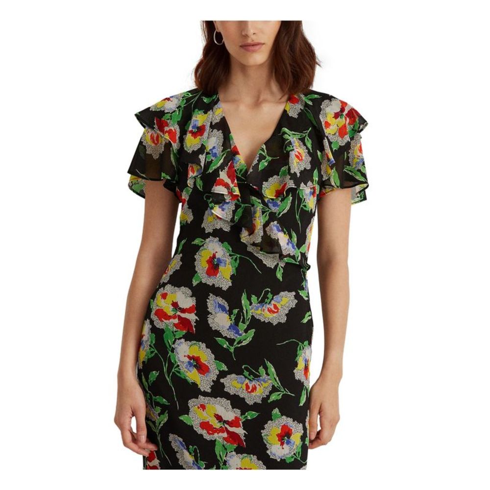 RALPH LAUREN Womens Black Lined Flutter Sleeve Full-Length Gown Dress 8
